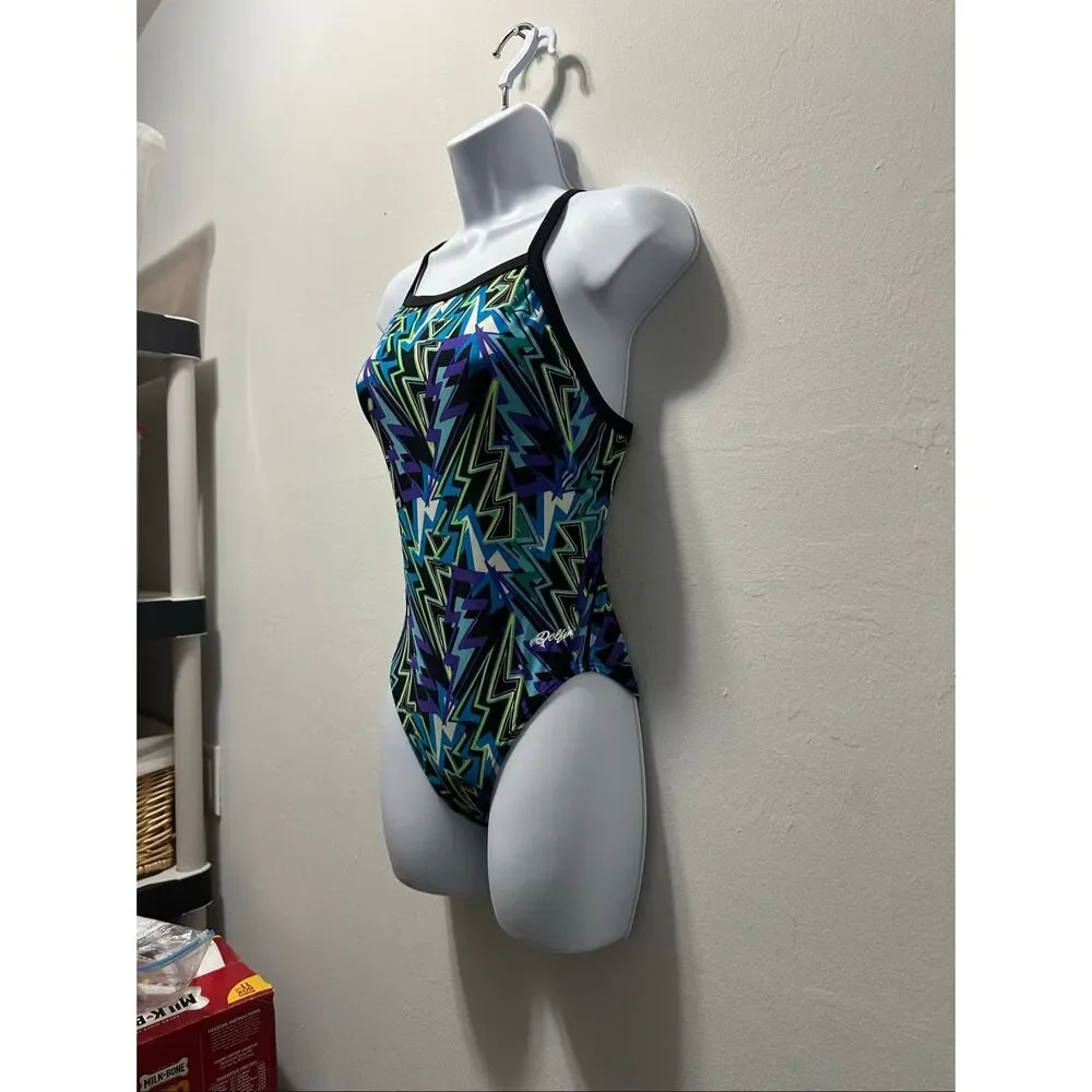 Dolphin Vintage Y2K Athletic One Piece Swimsuit | Lightning Print | Size 32